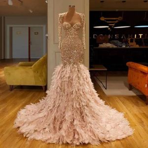 Glitter Feather Prom Dresses Robe De Soiree Sweetheart Long Sleeve Saudi Arabic Beading Mermaid Evening Gown Party Wear