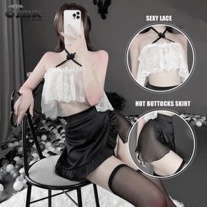 OJBK Women Sexy Lingerie Secretary Backless Uniform Cosplay Exotic Office Lady Transparent Lace Halter Top Outfit Mini Skirt 240311