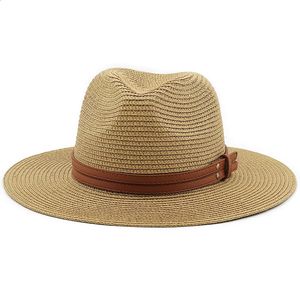 54575960CM Natural Panama Soft Straw Hat with Brown Belt Summer Women Men Wide Brim Beach Sun Cap UV Protection Fedora 240309