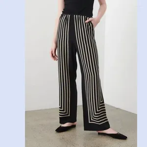 Calças femininas casual listrado geométrico impresso seda minimalista cintura alta solta perna larga tot sueco commuting
