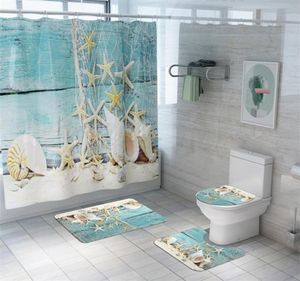 Polyester Fabric Screen Set med Bath Mat 3pcs Rug Shell Beach Mönster Duschdrainer för badrum Cortinas de Bano DW045 C103087518940