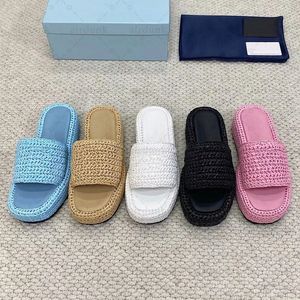 Crochet Flatform Slides Womens Raffia Sliper Metal Trigonals Sandals Summer Pool 35mm Platfor