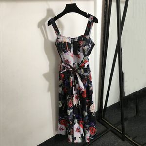 Floral Print Womens Sling Dresses Fashion Bowknot Lacing Long Skirts Vacation Style Dress Clothing For Lady