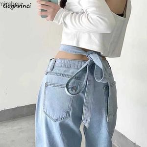 Damen Jeans Jeans Frauen Bandage Chic Solide Vintage Lose Gerade Hohe Taille Schärpen Sexy Wischen Denim Hosen Hip Hop Streetwear KoreanC24318