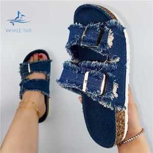 HBP Breaks Olmayan Yeni Tasarım Terlik Kadınlar Moda Jean Denim Tassel Cork Sole Sandalet Yaz Bayanlar Ayakkabı Slaytları