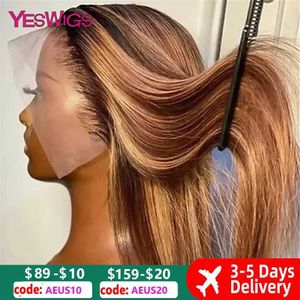 Synthetic Wigs HD 13x6 Highlight Wig Human Hair Honey Blonde Brown Colored Lace Front Wigs For Women Pre Plucked Bone Straight Lace Frontal Wig 240328 240327