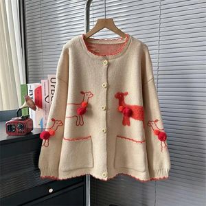 Women's Knits 2024 Spring 3D Handmade Cartoon Elk Knitted Cardigans Coat Women Grey Sweaters Vintage Brand Fashion Clothes