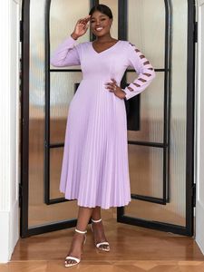 Casual Dresses 2024 Stylish Lavender Pleated Midi V Neck Hollow Out Long Sleeve Empire Evening Party Födelsedagsklänning