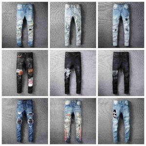 Designer Mens Jeans hiphop fashion zipper hole wash jeans pants retro torn fold stitching mens design motorcycle riding cool slim pant sky blue jean fo B0SNPurp