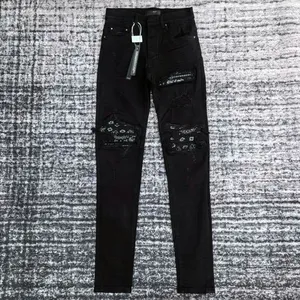 AM661 Calças de brim dos homens de alta qualidade Angustiado Motociclista Jean Rock Skinny Slim Rasgado Buraco Stripe Moda Snake Bordado Denim Calças