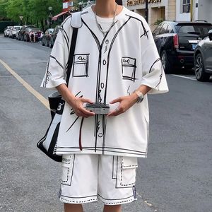 Summer Elegant Fashion Harajuku Slim Fit Ropa Hombre Loose Casual All Match Sports Suit Ice Shreds Short Sleeve Two Piece Set 240307