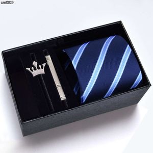 Designer Tie Present Box Mens Business Stripe Four Piece Set Formal Black 8cm Wedding Groom Brooch CLIT CLIP TN8I