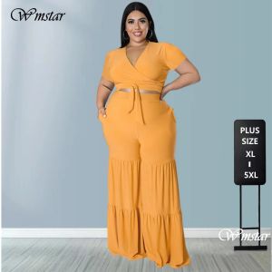 Uppsättningar WMSTAR Plus Size Pants Set Two Piece Outfits Summer Holiday Solid Bandage Top Wide Leg New Matching Parti Partihandel Dropshipping