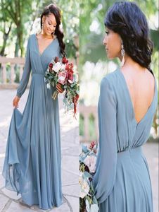 Böhmen V Neck Chiffon Long Bridesmaid klänningar Långärmar Ruched golvlängd Bröllop Gäst Maid of Honor Dresses BM02381243197