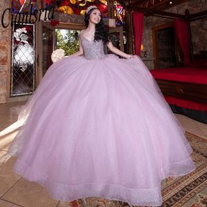 Rosa quinceanera klänningar bollklänningar för söta 16 flickor pärlor applikationer examen klänning snörning vestidos de 15 anos