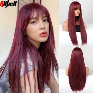 Perucas sintéticas longas retas vermelho escuro peruca sintética vinho vermelho borgonha cabelo colorido perucas cosplay com franja resistente ao calor para mulheres halloween 240328 240327