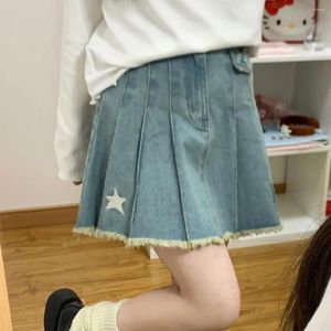 Skirts Women's Star Embroidered Blue Denim Short Skirt Summer Cheerleading Young Girl Sexy Female A-line Pleated