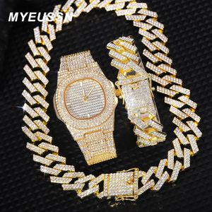 Iced Out Watch Mens Cuban Link Stain Bracelet Necklace Choker Bling Jewelry Men Big Gold Color Cains Hip Hop Punk Watch Set 240315