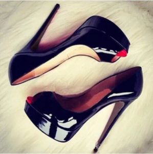 Marca clássica de fundo vermelho sapatos de plataforma de salto alto bombas nu/preto couro envernizado peep-toe vestido feminino sandálias de casamento sapatos tamanho 34-45