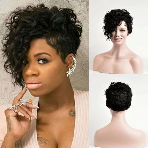 Peruker Kort lockigt syntetiskt peruk för svarta kvinnor en sida del kort rörigt kinky lockigt syntetiskt hår med lugg hög temperaturfiber