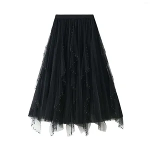 Skirts Women's Fashion Casual Heavy Industry Nail Bead Petal Mesh Skirt High Waist Slimming Mid Length Pleated Mini