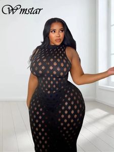 Wmstar Plus Size Kleider für Frauen Sexy Hollow Out Knited Elegantes Maxikleid Club Outfits im Sommer Großhandel Drop 240311