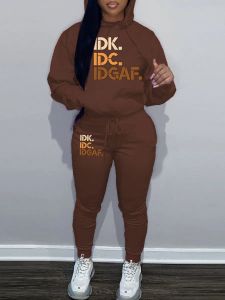 Defina LW plus size letra de letra imprimir canguru Pocket Tracksuit Definir calça de manga longa de colarinho de capuz de inverno outono para mulheres