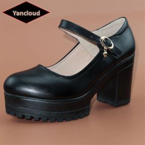 Stiefel Größe 3343 Blockabsatzplattform Pumps Frauen weiche Leder Mary Janes 2022 flache High Heels Schuhe Schwarz für Büromuttermodell