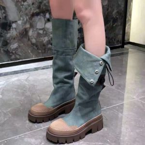 Boots Denim Knee High Cowboy Boots Women Platform 2023 Designer New Winter Flats Shoes Goth Motorcycle Boots Casual Shoes Snow Botas