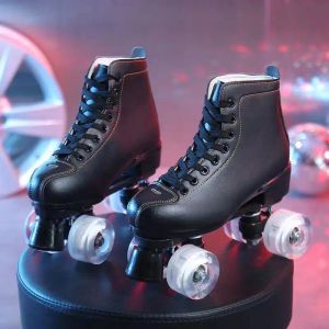 Botas Black Leather Roller patins mulher homem filhos Double Row Pu 4 wheels Skining Sneakers Outdoor Patines Sapatos