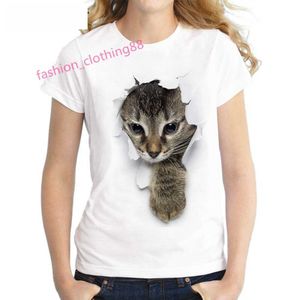 T-shirt bianca da donna con stampa digitale gatto 3D più venduta al 100% in cotone, manica corta, girocollo, bianca