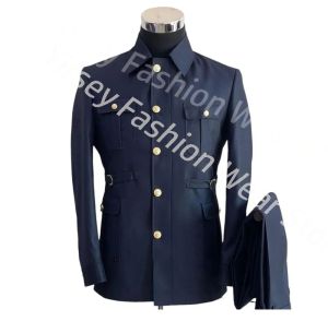 Suits Navy Blue Men's Luxury Suit Blazer Trousers Coat Wearing Big Pocket Wear Tailored Safari Jacket 2pcs Adjustable Coat Pant