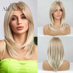 Perucas sintéticas ALAN EATON Long Blonde Layered Wigs para mulheres Peruca sintética com franja natural olhando cabelo reto de alta temperatura para diariamente 240328 240327