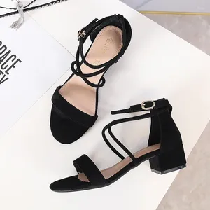 Dress Shoes Casual Design Suede Leather Med-high Heels Sandals Women Cross Ankle Strap Gladiator Sandalias Mujer Cover Heel Damen Schuhe