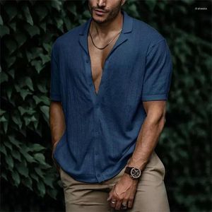 Men's Casual Shirts 2024 Summer Loose Fitting Cardigan Knitted Short Sleeved Solid Color T-Shirt Lapel Collar Plus Size Men