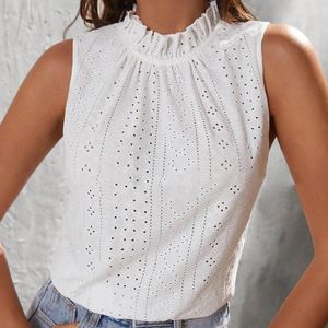 Women's Blouses Summer Sleeveless Women White Shirt Hollow Out Ruffle Collar Lace-up Tops Blouse Pleated Solid Casual Tank 25806