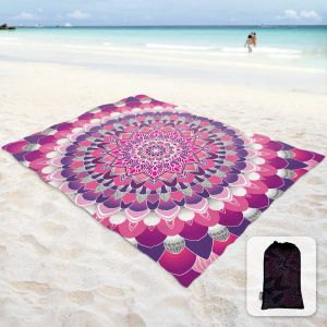 Mat Boho Print Beach Blanket Sand Proof Mat, 코너 포켓 및 메쉬 가방 해변 파티, 여행, 캠핑, 보라색 꽃 만다라