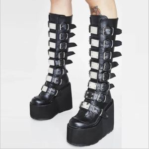 Boots feminino Cosplay Boots High Fashion Tubo Longo Cavaleiro Cavaleiro Punk Gothic Classic Black High Heel Sapatos Jonheiros Goth Sapatos