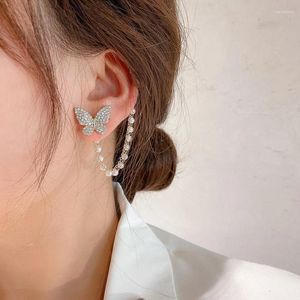 Backs Earrings Micro Paved Crystal Butterfly Pearl Tassel Earring S925 Silver Needle Asymmetric Clip Jewelry Personality