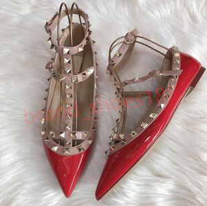 sandals women shoes designer women's Sandals pointed toe 2-straps studs flat luxury patent leather Rivets strappy dress shoes black white nude red Summer slippers