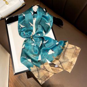 Retro Elegant Crane Scarf Womens Spring and Autumn Thin Ethnic Print Mulberry Silk Silk Scarf Small Scarf Hair Band