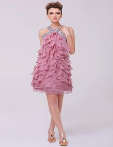 2016 Sukienki z domu z koralikami warstwy kantarów Ruffy Szyfonowe spódnice bez rękawów mini krótkie zakurzone różowe zdjęcia