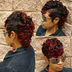 Syntetiska peruker beisdwig kort ombre burgundy hår peruker för svarta kvinnor afro lockiga frisyrer för kvinnor pixie klipper peruker med lockiga lugg 240328 240327