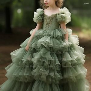 Girl Dresses Green Tulle Ball Gown Applique Tiered Short Sleeve Flower For Wedding Communion Party Pageant Skirt Custom FL4-3.2