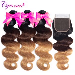 클로저 신생대 1B/4/27 Ombre Human Hair Bundles with Closure Non Remy Brazilian Body Wave 3 폐쇄