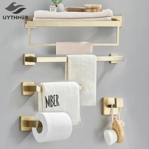 Brushed Gold Bathroom Hardware Set Towel Rail Bath Robe Hook Bar Rack Shelf Tissue Paper Holder Bathroom Accessories 240312