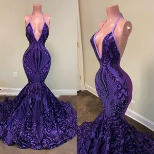 Vestidos de baile roxo sexy halter profundo decote em v sem mangas sereia vestidos de noite lantejoulas rendas sem costas árabe aso ebi feminino formal festa wear vestidos de bal