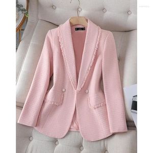 Abiti da donna 2024 Moda Blazer rosa per le donne Ufficio da donna Manica lunga Risvolto Giacca solida Chic Vintage Burr Cappotti slim