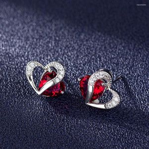 Orecchini a bottone Cuore d'amore Cristallo rosso blu Zirconi Diamanti Pietre preziose per le donne Gioielli in oro bianco argento Accessori alla moda