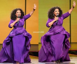 Elegancka Oprah Winfrey Celebrity Evening Suknie Overskirt Dubai Dubai Arabski styl fioletowy z rękawem Plus Size Woman Formal W4238020